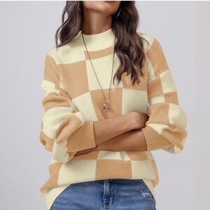 Women's Cream and Tan Checkered Sweater